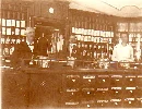 Historisches Foto der alten Offizin mit Regalen und Verkaufspult um 1900