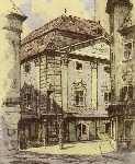 Kolorierte Tuschezeichnung der Apotheke