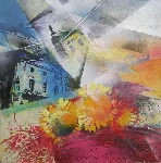 Farbenfrohe Acryl-Collage mit der Fassade der Apotheke